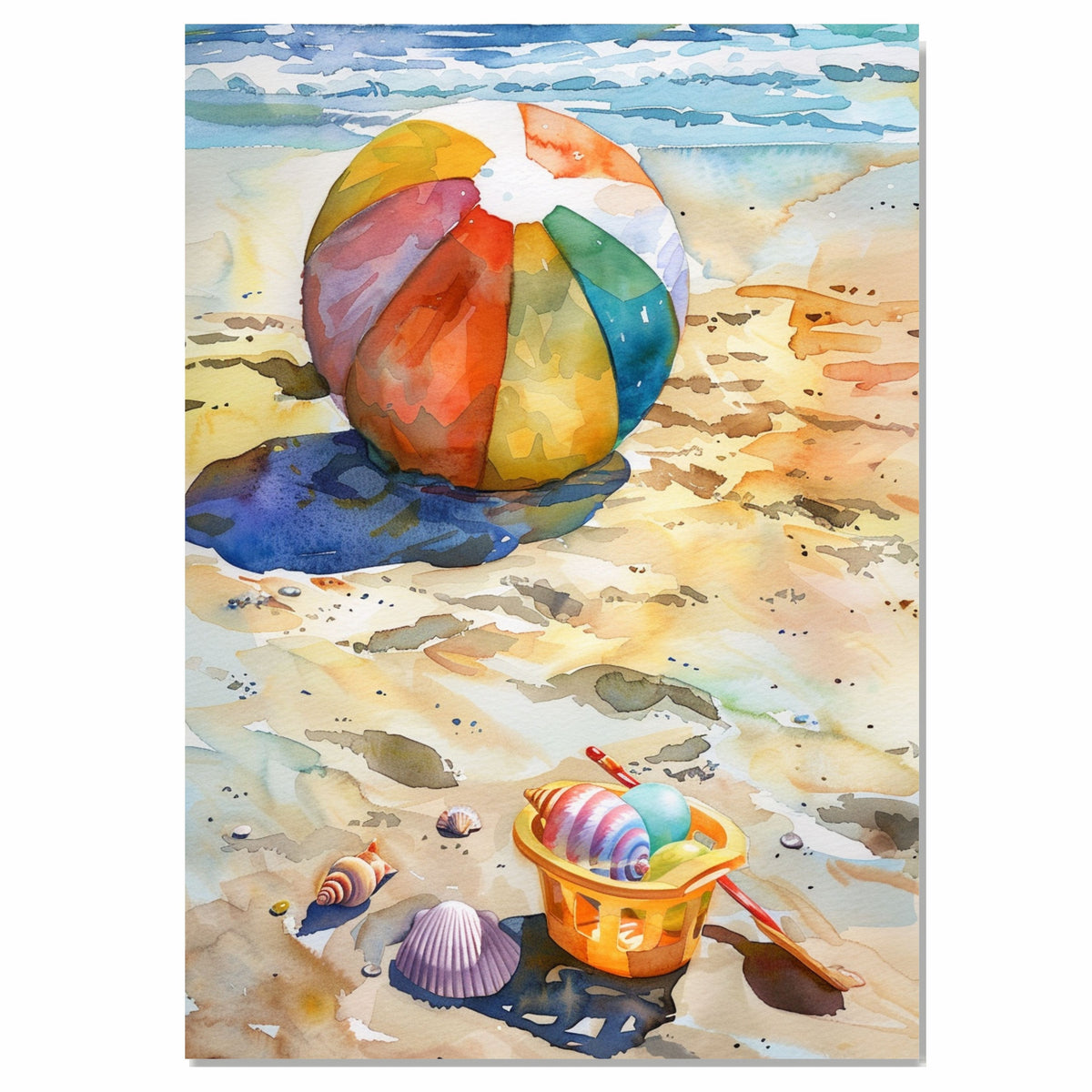 Watercolor Painting of a Colorful Beach Ball and Toy Bucket with Shells on Sandy Shoreline by the Ocean on Ready to Hang 1.5" Thick Canvas Wrap, Floating Framed Canvas, Flat Rolled Canvas
