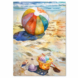 Watercolor Painting of a Colorful Beach Ball and Toy Bucket with Shells on Sandy Shoreline by the Ocean on Ready to Hang 1.5" Thick Canvas Wrap, Floating Framed Canvas, Flat Rolled Canvas