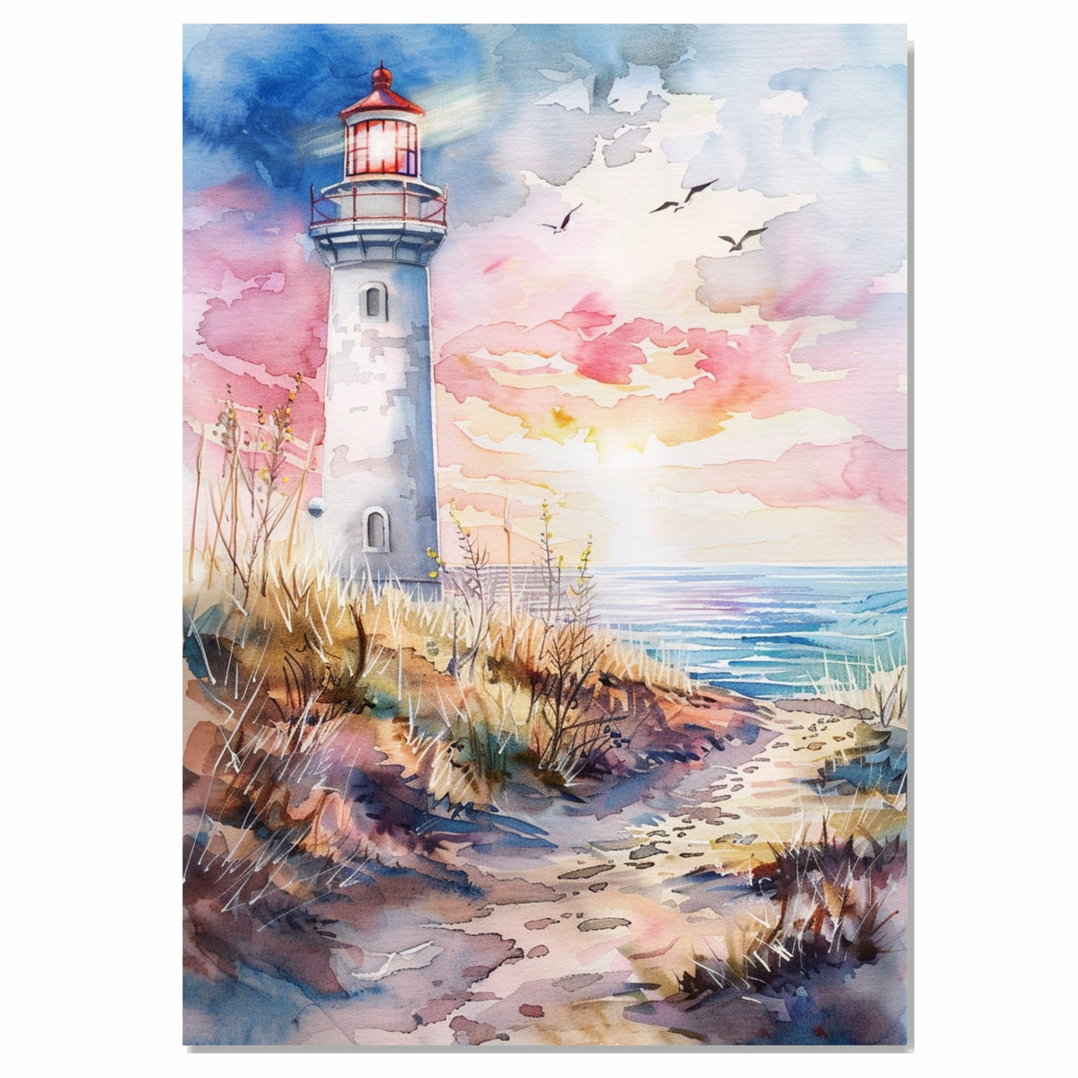 Watercolor Painting of Lighthouse Overlooking Ocean at Sunset with Coastal Path and Soaring Seagulls in Serene Setting on Ready to Hang 1.5" Thick Canvas Wrap, Floating Framed Canvas, Flat Rolled Canvas