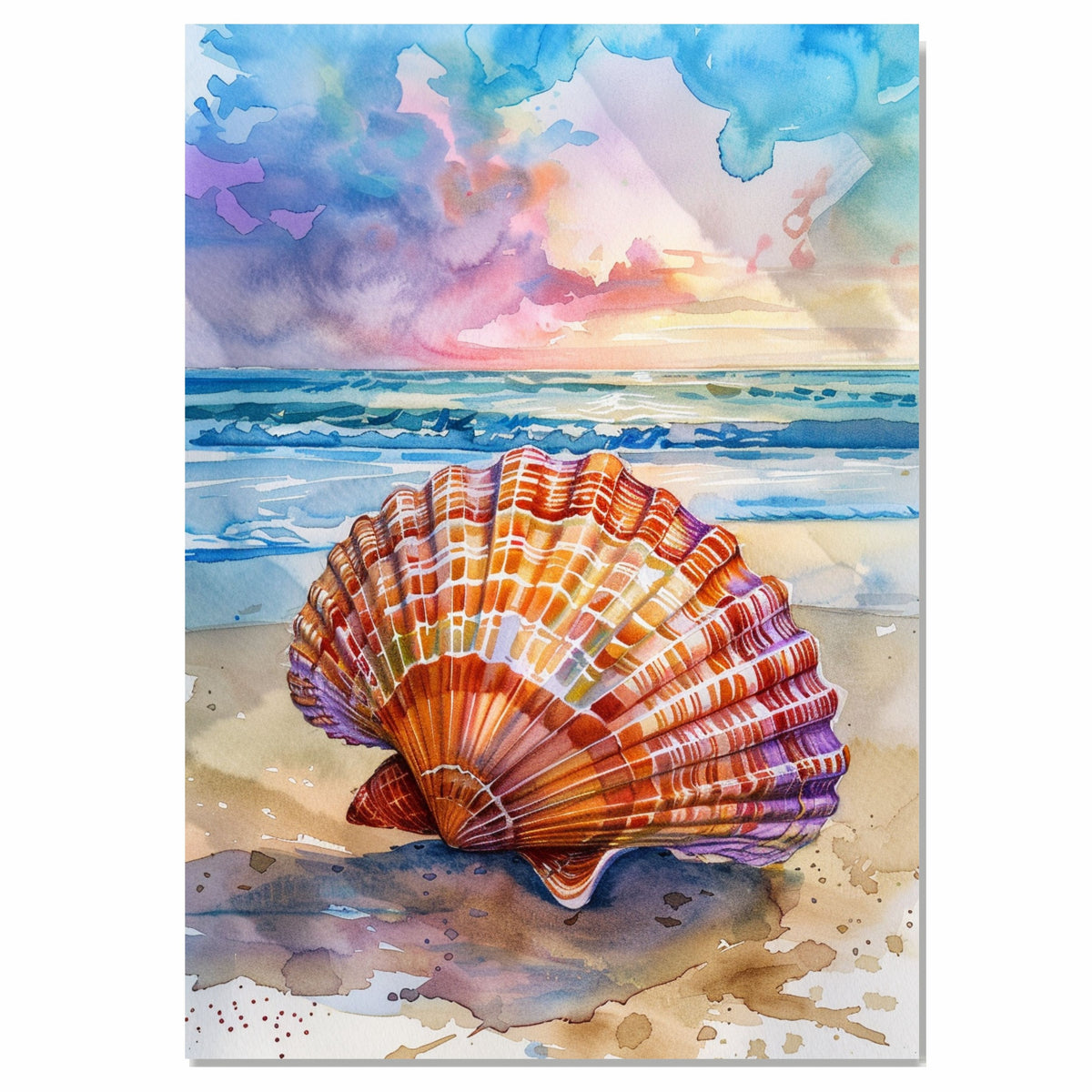 Watercolor Painting of a Multicolored Scallop Shell on the Beach with Ocean Waves and Sunset Sky in Coastal Nature Style on Ready to Hang 1.5" Thick Canvas Wrap, Floating Framed Canvas, Flat Rolled Canvas