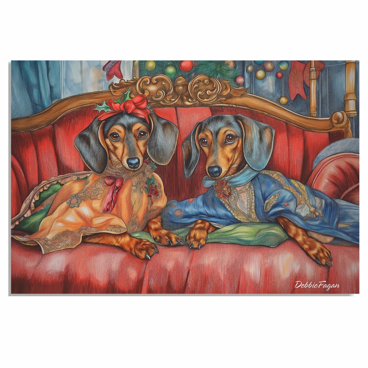 Dachshund Christmas Canvas - "Chic Doxies in Cozy Serenity" - Elegant Dogs Relaxing on a Couch on Ready to Hang 1.5" Thick Canvas Wrap, Floating Framed Canvas, Flat Rolled Canvas