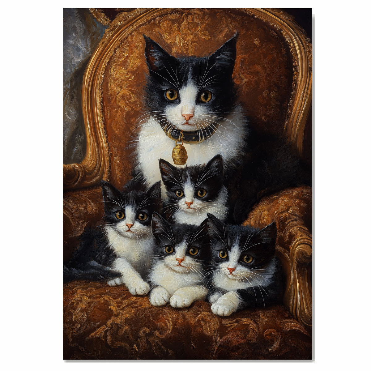 Regal Comfort: Tuxedo Cat Mom and Four Kittens on an Elegant Victorian Sofa on Ready to Hang 1.5" Thick Canvas Wrap, Floating Framed Canvas, Flat Rolled Canvas