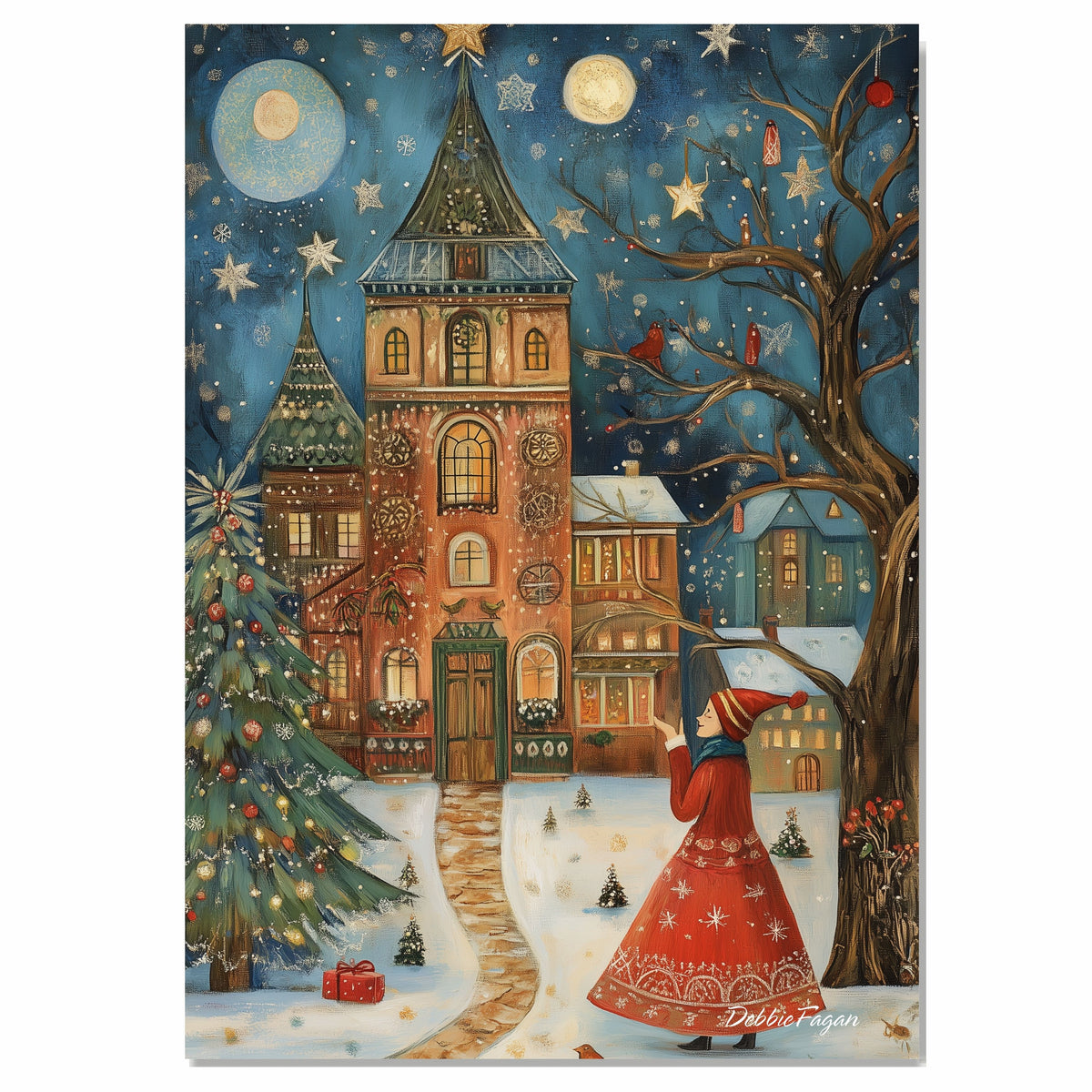 Starry Christmas Night – Folk Art Girl and Village in Snow on Ready to Hang 1.5" Thick Canvas Wrap, Floating Framed Canvas, Flat Rolled Canvas