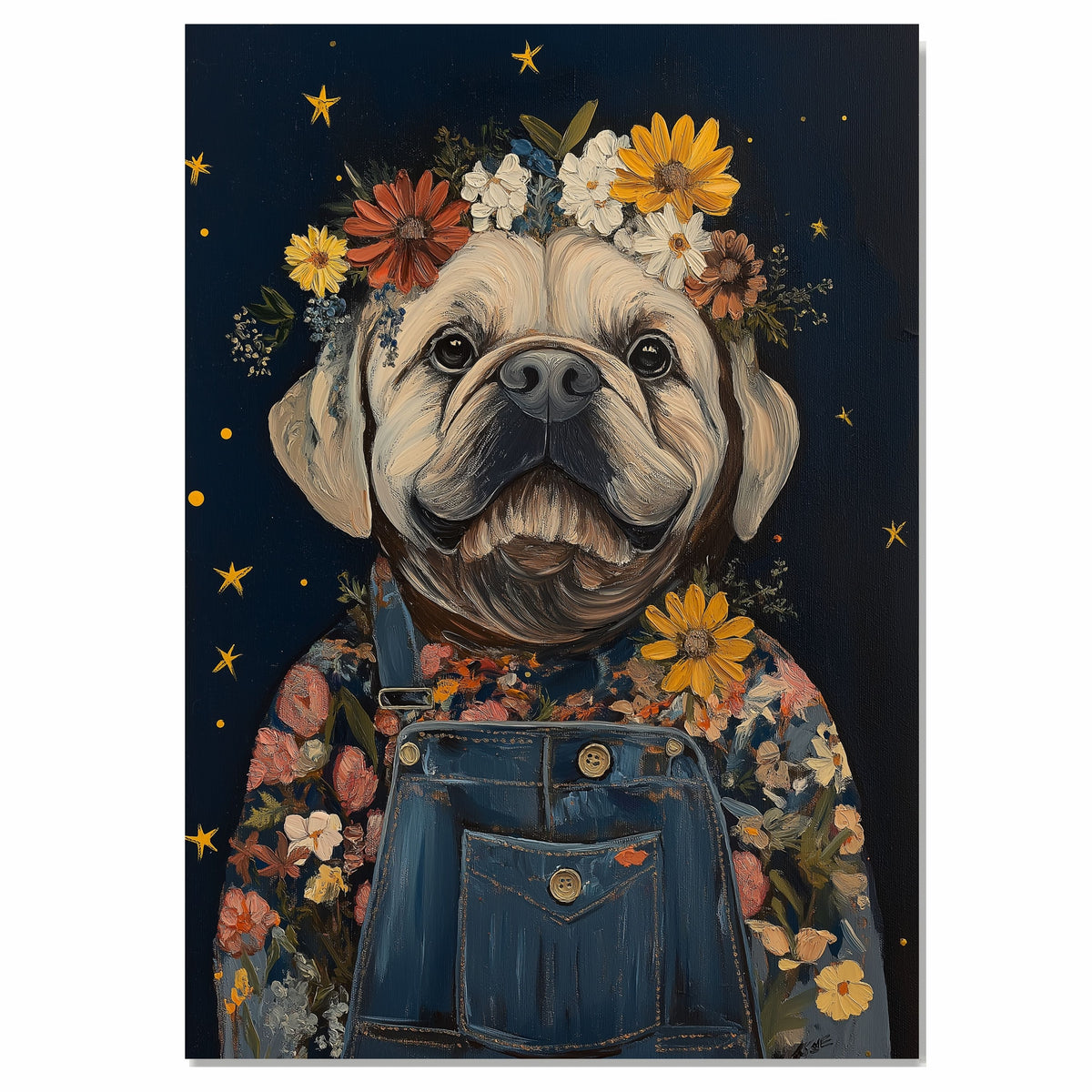 Bulldog Wall Art Cute Dog in Floral Crown and Overalls Farmhouse Nursery Decor Adorable Dog Lovers Gift Whimsical Bedroom Cottagecore Country Wall Art on Ready to Hang 1.5" Thick Canvas Wrap, Floating Framed Canvas, Flat Rolled Canvas