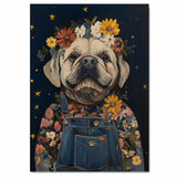 Bulldog Wall Art Cute Dog in Floral Crown and Overalls Farmhouse Nursery Decor Adorable Dog Lovers Gift Whimsical Bedroom Cottagecore Country Wall Art on Ready to Hang 1.5" Thick Canvas Wrap, Floating Framed Canvas, Flat Rolled Canvas