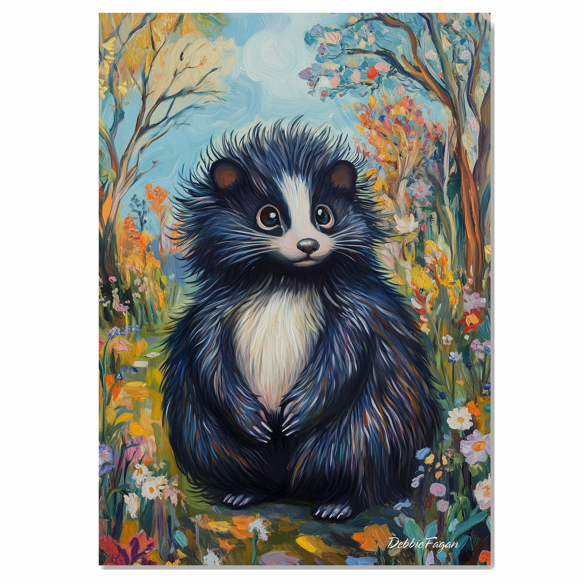 Van Gogh Style Fluffy Skunk Canvas Art – Whimsical Woodland Animal Surrounded by Spring Flowers on Ready to Hang 1.5" Thick Canvas Wrap, Floating Framed Canvas, Flat Rolled Canvas