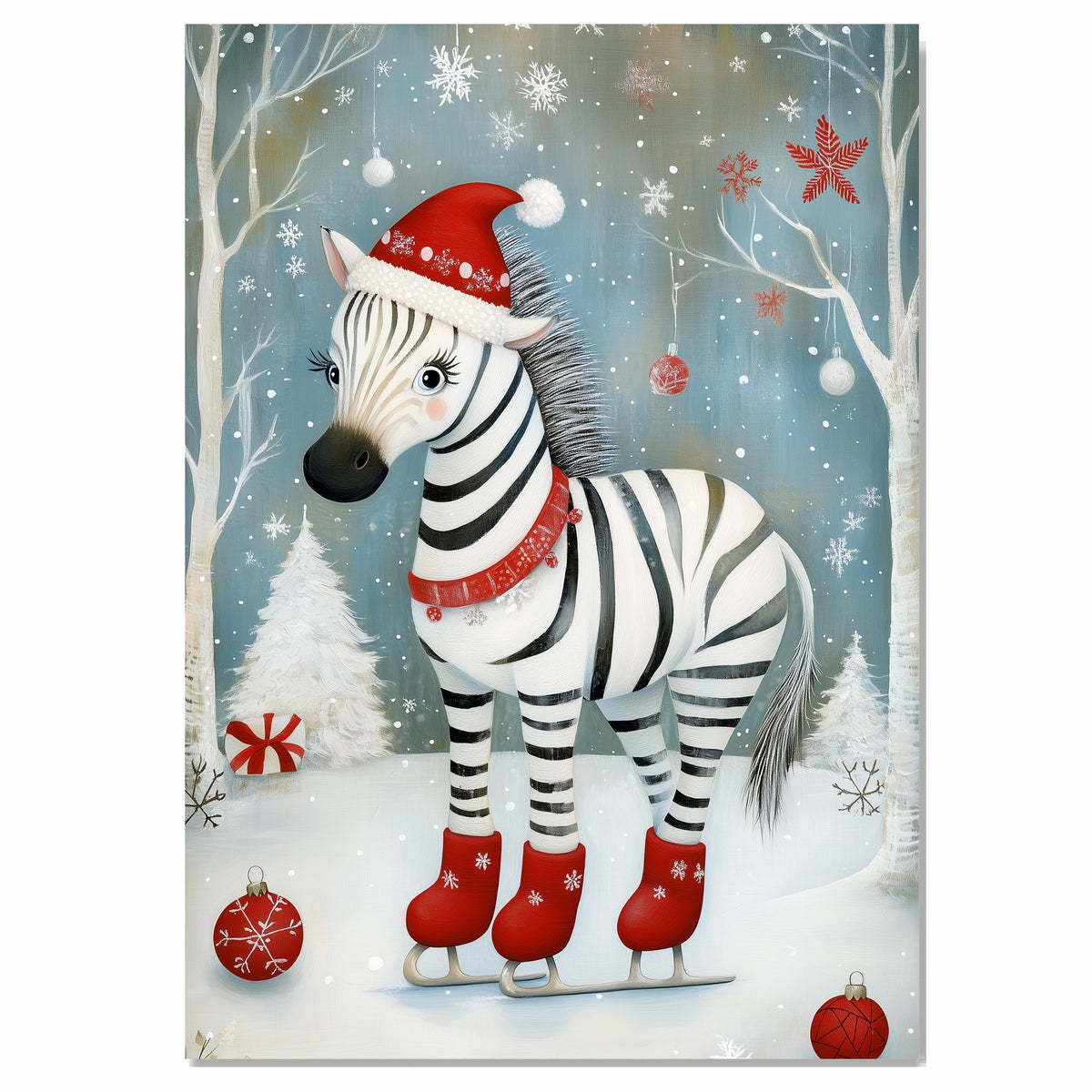 Whimsical Christmas Zebra Ice Skating Print – Festive Black and White Animal in Red Boots and Santa Hat, Cute Winter Holiday Wall Art or Nursery Decor on Ready to Hang 1.5" Thick Canvas Wrap, Floating Framed Canvas, Flat Rolled Canvas