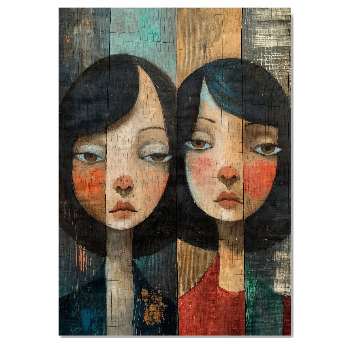 Moody Portrait of Two Girls Expressive Hand Painted Art Rustic Wood Texture Emotional and Thoughtful Wall Decor Perfect for Home Living Room or Office on Ready to Hang 1.5" Thick Canvas Wrap, Floating Framed Canvas, Flat Rolled Canvas