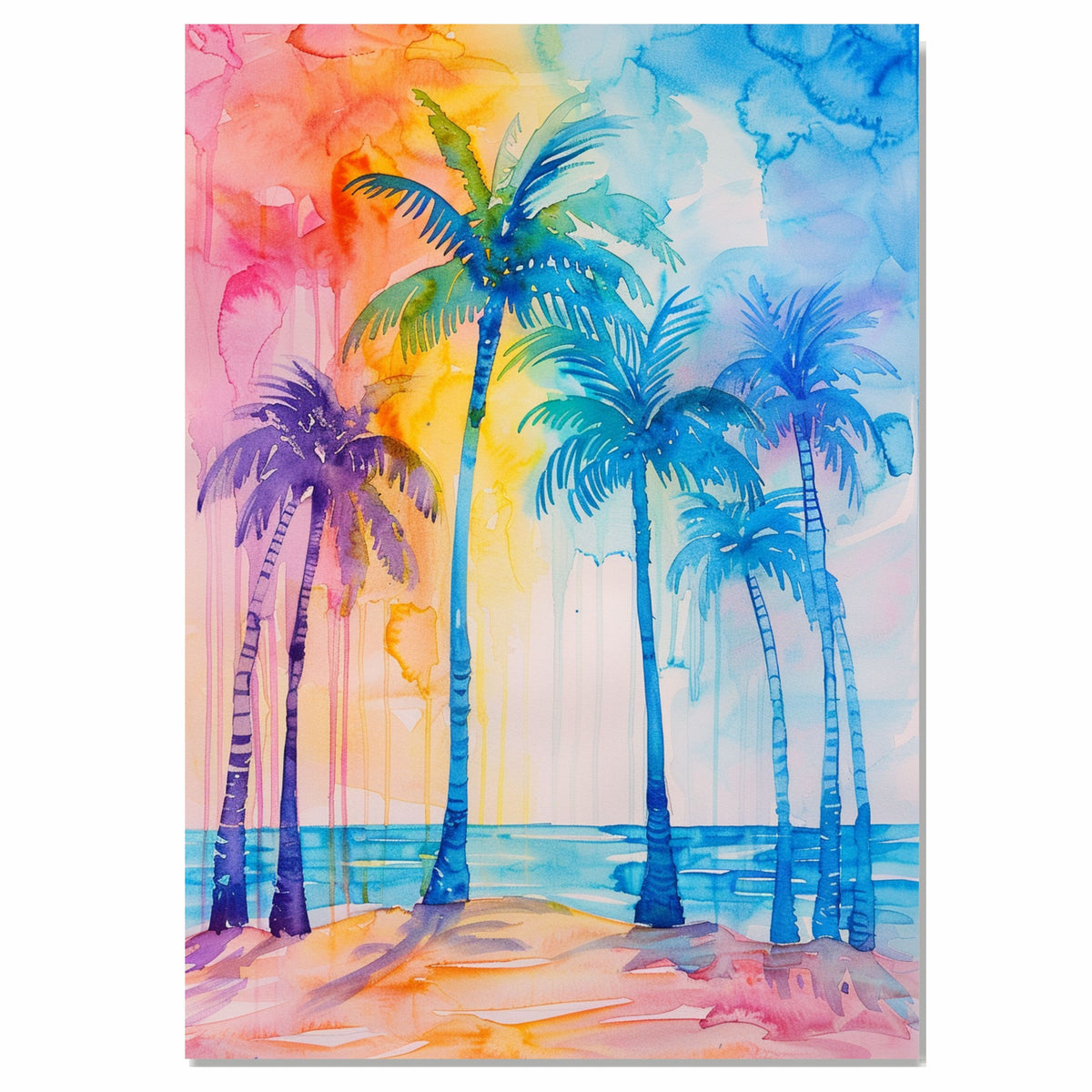 Vibrant Rainbow Palm Trees Watercolor Painting with Colorful Tropical Sky and Tranquil Ocean Beach Background on Ready to Hang 1.5" Thick Canvas Wrap, Floating Framed Canvas, Flat Rolled Canvas