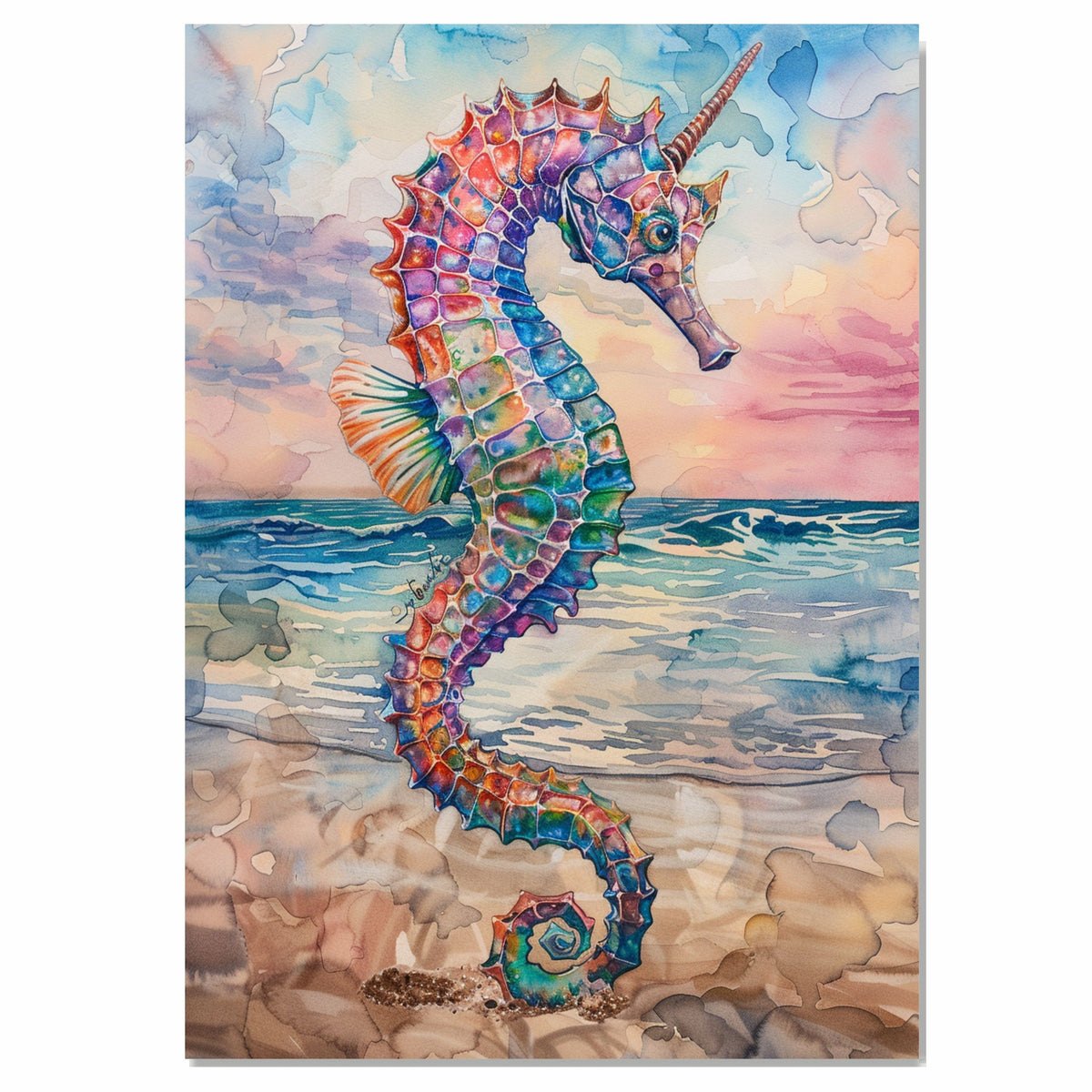Fantasy Seahorse Watercolor Painting with Rainbow Scales and Sunset Ocean Background on Ready to Hang 1.5" Thick Canvas Wrap, Floating Framed Canvas, Flat Rolled Canvas