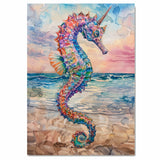 Fantasy Seahorse Watercolor Painting with Rainbow Scales and Sunset Ocean Background on Ready to Hang 1.5" Thick Canvas Wrap, Floating Framed Canvas, Flat Rolled Canvas