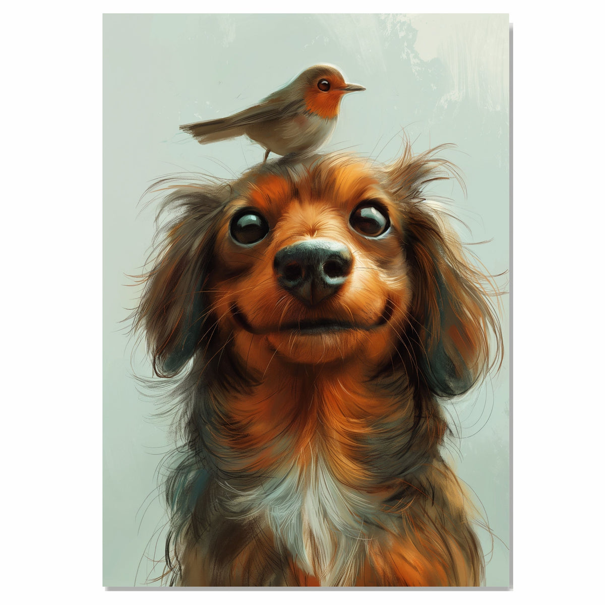 Cute Long-Haired Dachshund with Red-Breasted Bird on Head Whimsical Animal Illustration for Kids Room or Nursery Art Print for Dog and Bird Lovers on Ready to Hang 1.5" Thick Canvas Wrap, Floating Framed Canvas, Flat Rolled Canvas
