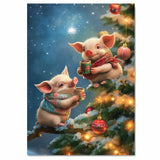 Two Baby Piglets in Cozy Scarves Holding Cocoa on Snowy Christmas Tree with Ornaments and Lights Holiday Art Print for Nursery or Festive Winter Decor on Ready to Hang 1.5" Thick Canvas Wrap, Floating Framed Canvas, Flat Rolled Canvas