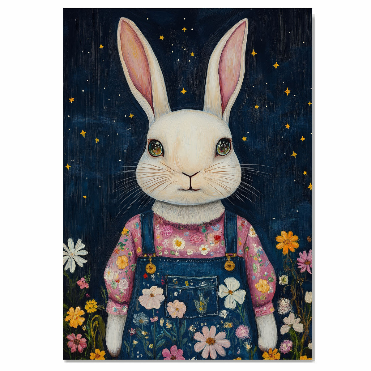 Whimsical White Bunny in Floral Overalls Hand Painted Art Dreamy Starry Night Scene Perfect for Nursery Kids Room Home Wall Decor Bedroom or Gift on Ready to Hang 1.5" Thick Canvas Wrap, Floating Framed Canvas, Flat Rolled Canvas