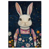 Whimsical White Bunny in Floral Overalls Hand Painted Art Dreamy Starry Night Scene Perfect for Nursery Kids Room Home Wall Decor Bedroom or Gift on Ready to Hang 1.5" Thick Canvas Wrap, Floating Framed Canvas, Flat Rolled Canvas