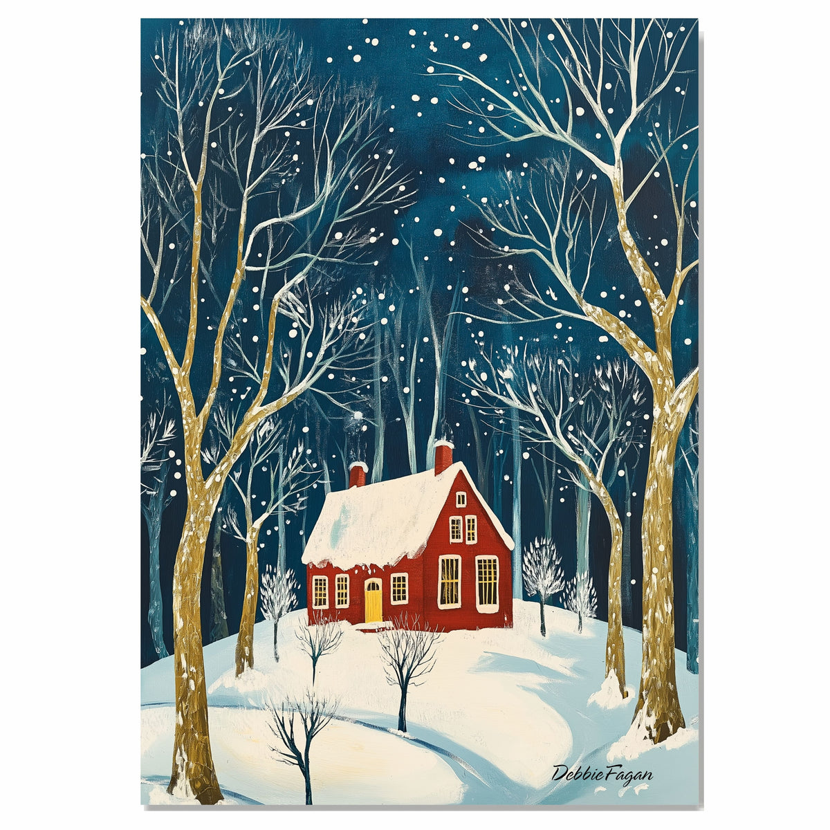 Snowy Forest Scene with Red House, Tall Golden Trees, and Falling Snow Under a Peaceful Starry Winter Night Sky on Ready to Hang 1.5" Thick Canvas Wrap, Floating Framed Canvas, Flat Rolled Canvas