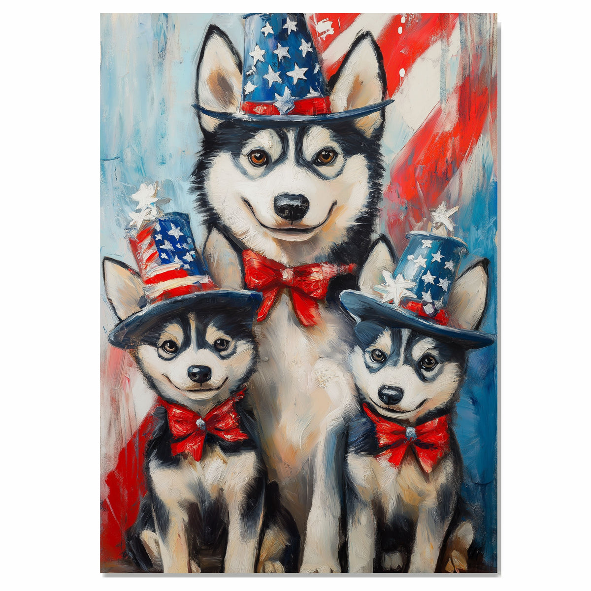 Patriotic Paws: Siberian Husky Mom with Two Puppies Under the Stars & Stripes - Proud American-Themed Painting on Ready to Hang 1.5" Thick Canvas Wrap, Floating Framed Canvas, Flat Rolled Canvas
