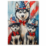 Patriotic Paws: Siberian Husky Mom with Two Puppies Under the Stars & Stripes - Proud American-Themed Painting on Ready to Hang 1.5" Thick Canvas Wrap, Floating Framed Canvas, Flat Rolled Canvas
