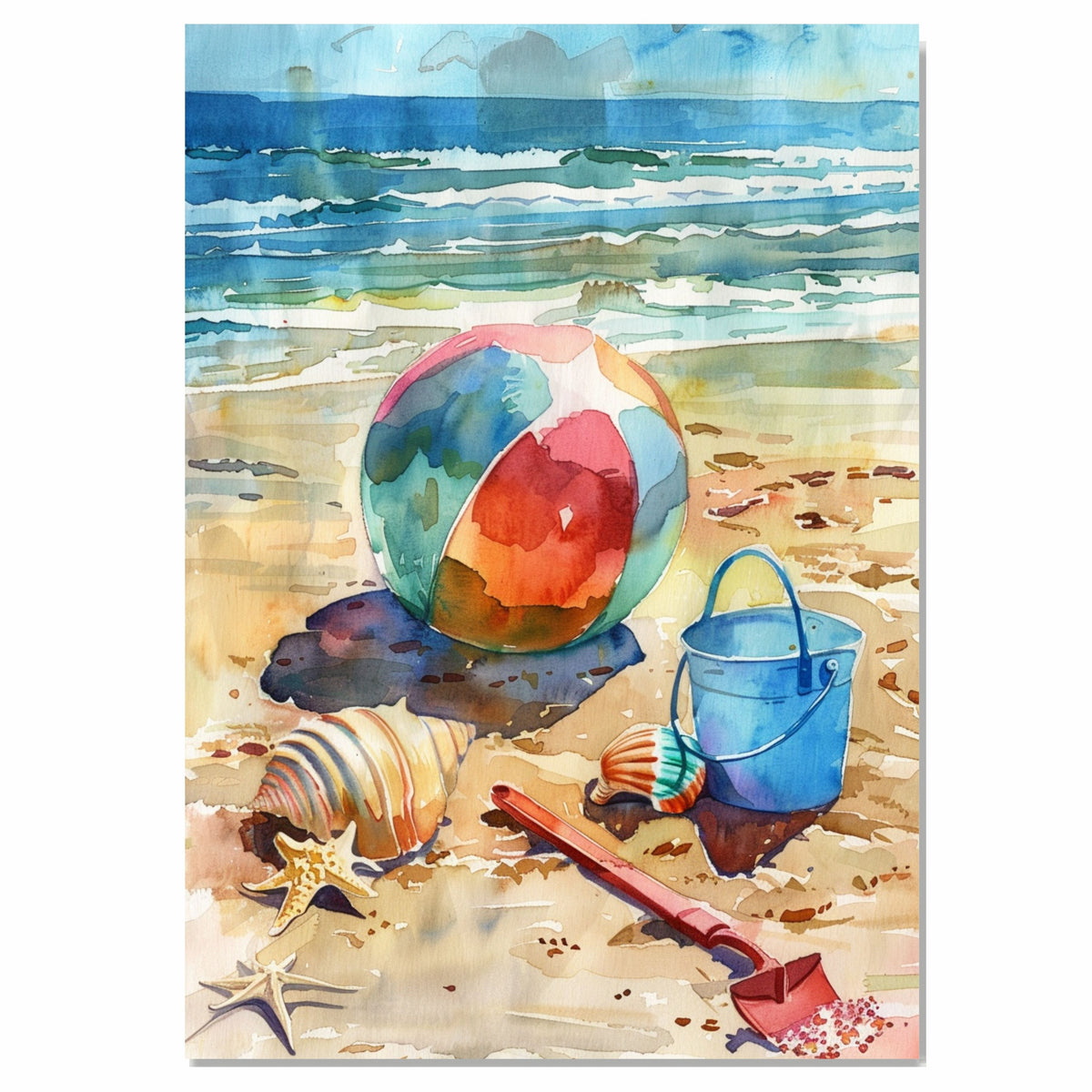 Watercolor Beach Scene with Colorful Ball, Seashells, Starfish, Blue Bucket, and Shovel on Sandy Shore by the Ocean on Ready to Hang 1.5" Thick Canvas Wrap, Floating Framed Canvas, Flat Rolled Canvas