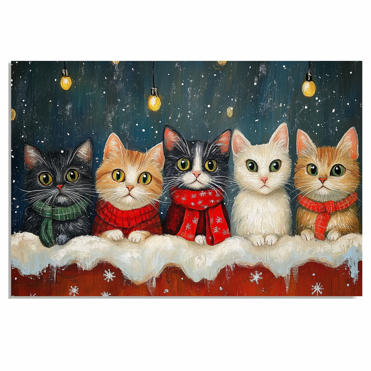 Retro Christmas Cat Print with Five Kittens in Scarves Snowy Holiday Scene Warm Festive Wall Art Perfect Gift for Cat Lovers Winter Seasonal Home Decor on Ready to Hang 1.5" Thick Canvas Wrap, Floating Framed Canvas, Flat Rolled Canvas