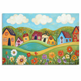 Whimsical Folk Art Canvas – Bright Colorful Houses and Wildflowers on Rolling Hills with Blue Skies on Ready to Hang 1.5" Thick Canvas Wrap, Floating Framed Canvas, Flat Rolled Canvas