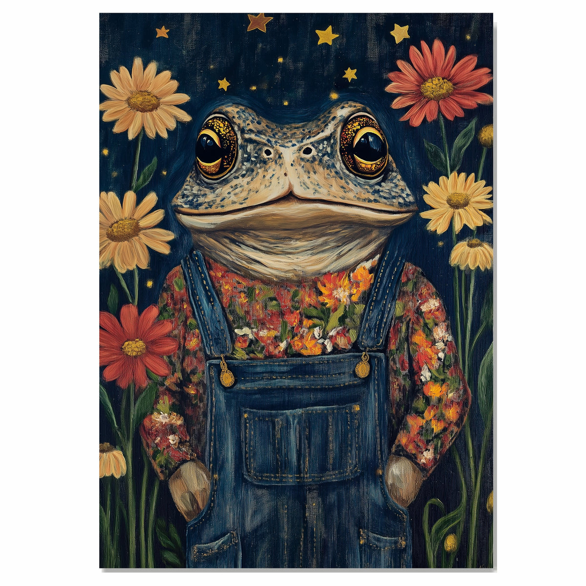 Whimsical Toad Art Print Frog in Floral Shirt Overalls Cute Animal Painting for Nursery Kids Room Nature Inspired Decor Night Sky Theme Frog Artwork on Ready to Hang 1.5" Thick Canvas Wrap, Floating Framed Canvas, Flat Rolled Canvas