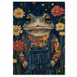 Whimsical Toad Art Print Frog in Floral Shirt Overalls Cute Animal Painting for Nursery Kids Room Nature Inspired Decor Night Sky Theme Frog Artwork on Ready to Hang 1.5" Thick Canvas Wrap, Floating Framed Canvas, Flat Rolled Canvas