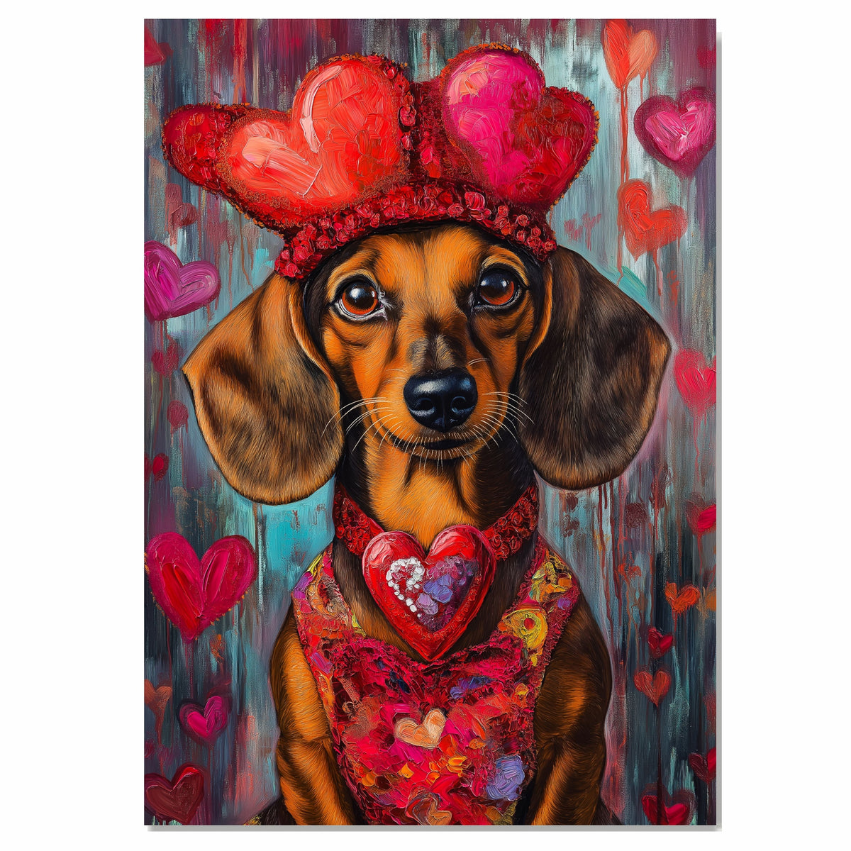 Sweetheart Style: Dachshund in a Red Heart-Adorned Dress and Hat Delightful Romantic Painting on Ready to Hang 1.5" Thick Canvas Wrap, Floating Framed Canvas, Flat Rolled Canvas