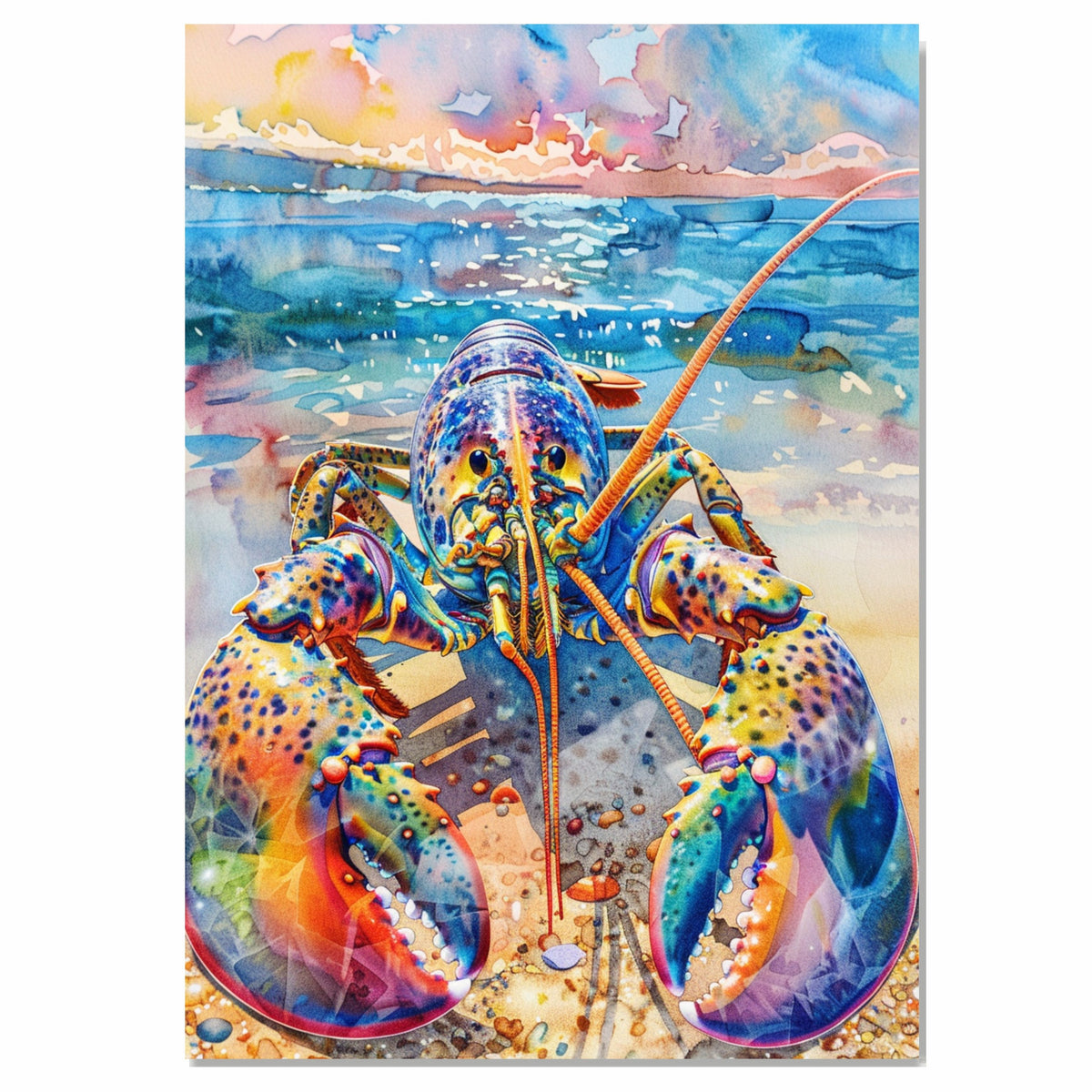 Watercolor Painting of a Vibrant Lobster on the Shore with Ocean Reflections and Colorful Sunset Sky in Coastal Marine Style on Ready to Hang 1.5" Thick Canvas Wrap, Floating Framed Canvas, Flat Rolled Canvas
