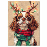 "Flurries of Joy" - Cavalier King Charles Dog with Lighted Antlers & Holiday Scarf in Snowfall, Ready to Hang 1.5" Thick Canvas Wrap, Floating Framed Canvas, Flat Rolled Canvas