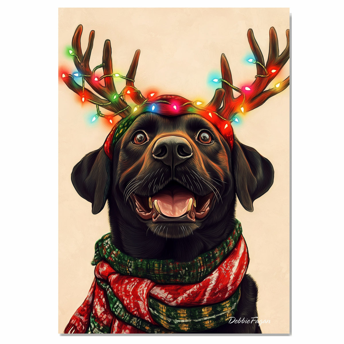 "Classic Cheer" - Black Labrador Dog with Lighted Antlers & Festive Scarf on Plain Beige Canvas, Ready to Hang 1.5" Thick Canvas Wrap, Floating Framed Canvas, Flat Rolled Canvas