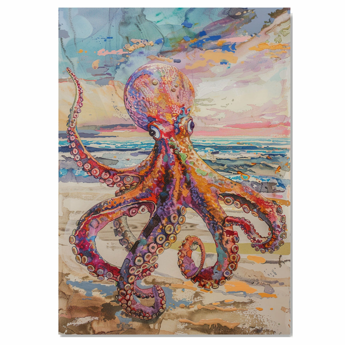 Watercolor Painting of a Vibrant Multicolored Octopus on Sandy Beach with Ocean Waves and Colorful Sunset Sky Background on Ready to Hang 1.5" Thick Canvas Wrap, Floating Framed Canvas, Flat Rolled Canvas