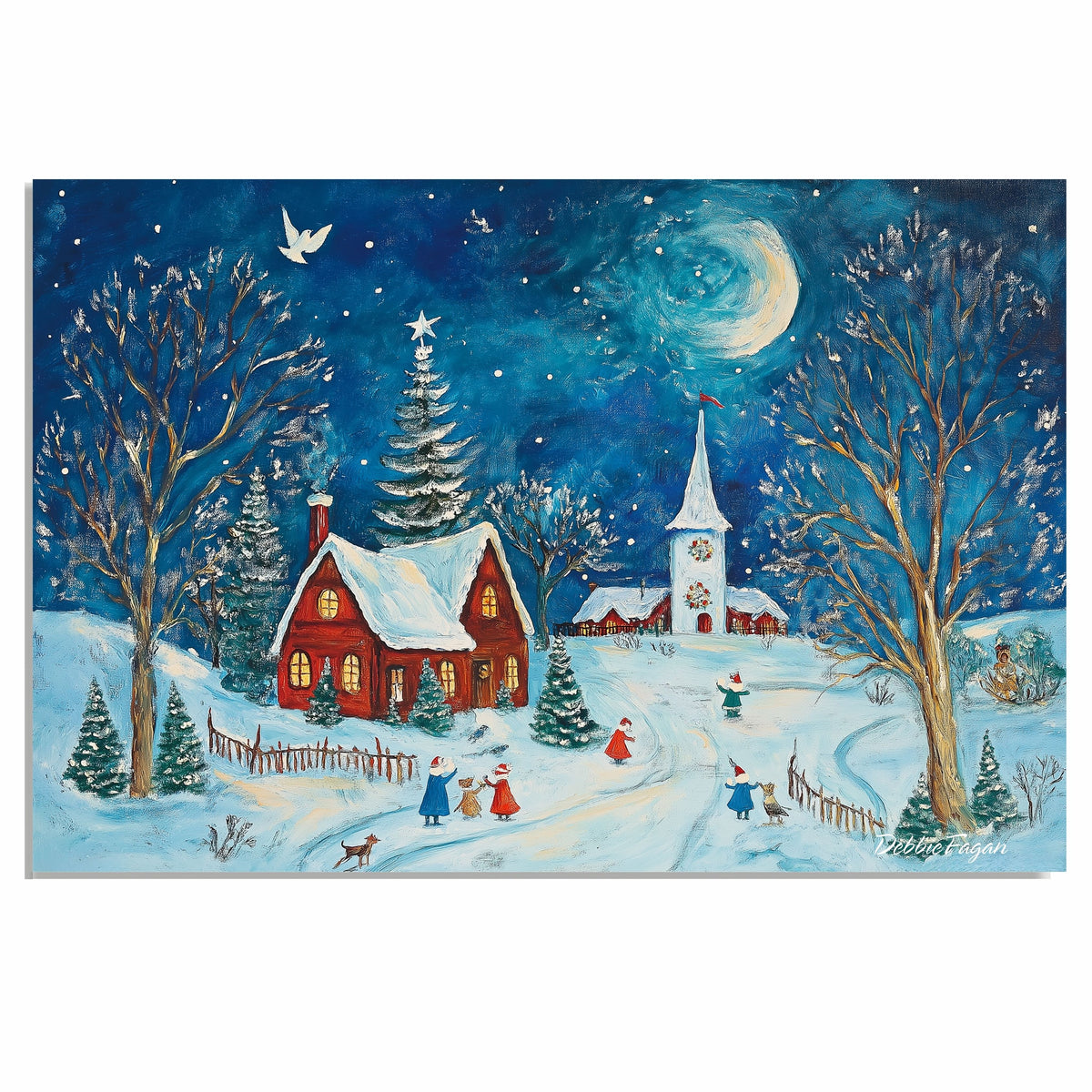 Christmas Folk Art Scene with Red Cabins, Snowy Church, Starry Sky and Children Playing in a Winter Wonderland on Ready to Hang 1.5" Thick Canvas Wrap, Floating Framed Canvas, Flat Rolled Canvas