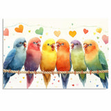 Watercolor Painting of Colorful Lovebirds on a Rope with Heart Accents — Vibrant Rainbow Birds Illustration in Playful and Whimsical Style on Ready to Hang 1.5" Thick Canvas Wrap, Floating Framed Canvas, Flat Rolled Canvas