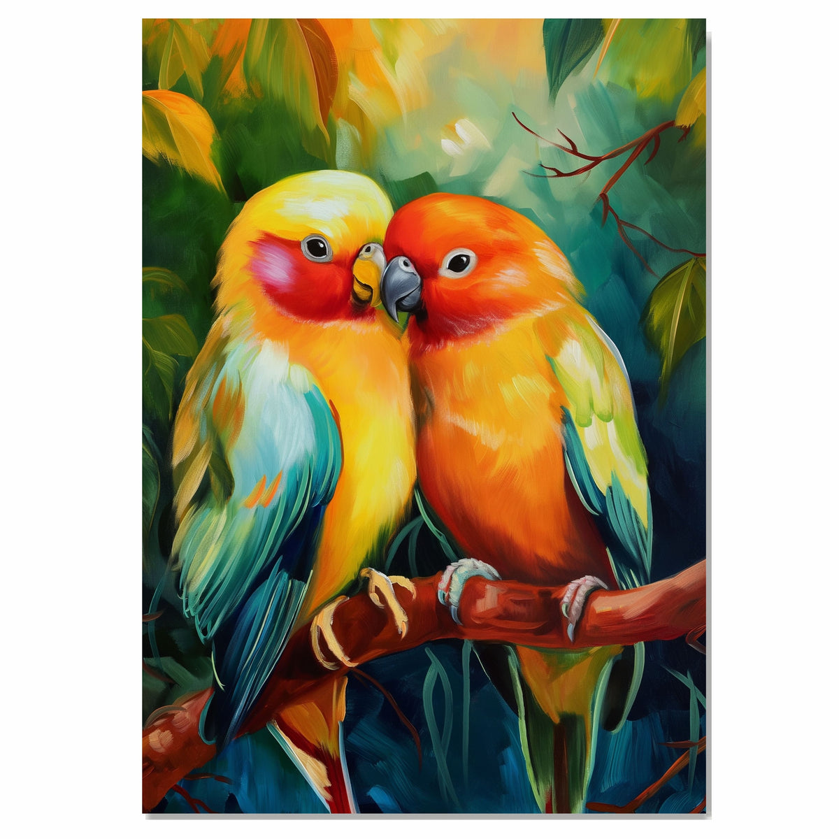 Vivid Lovebird Pair Artwork Featuring Colorful Tropical Parrots Cuddling on a Branch with Bright Feathers and Lush Jungle Background on Ready to Hang 1.5" Thick Canvas Wrap, Floating Framed Canvas, Flat Rolled Canvas