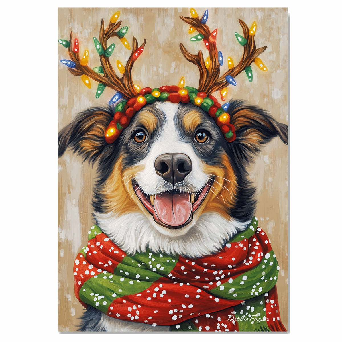 Holiday Spirit - 'Festive Flicker' - Australian Shepherd Dog with Lighted Antlers & Cozy Scarf on Rustic Background, Ready to Hang 1.5" Thick Canvas Wrap, Floating Framed Canvas, Flat Rolled Canvas