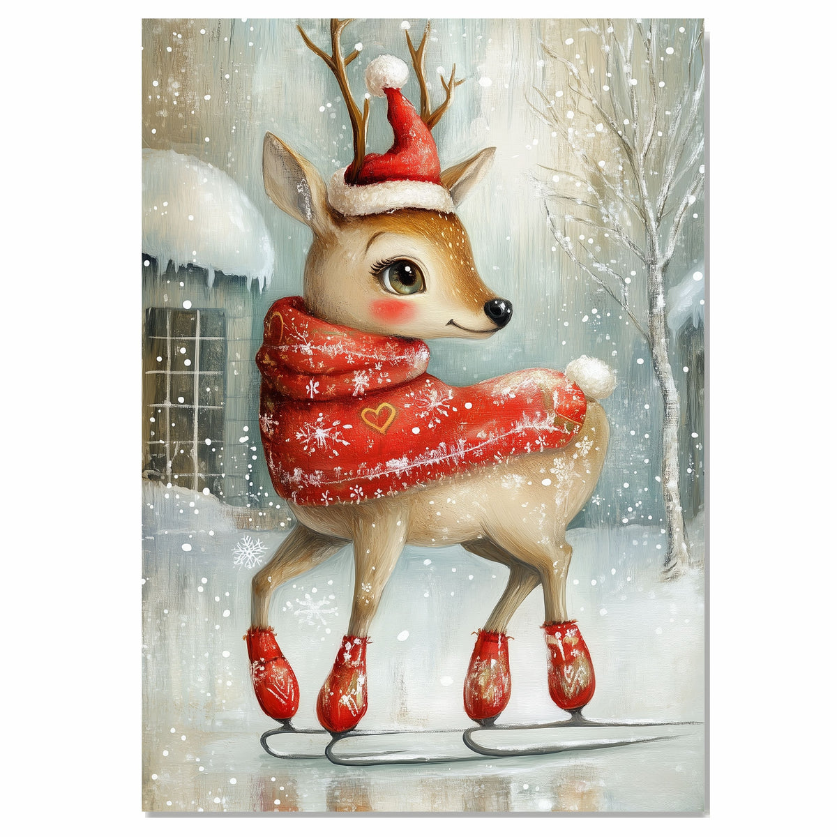 Whimsical Christmas Deer Ice Skating Red Scarf and Santa Hat Winter Animal Illustration for Holiday Wall Decor Nursery or Woodland Themed Room on Ready to Hang 1.5" Thick Canvas Wrap, Floating Framed Canvas, Flat Rolled Canvas