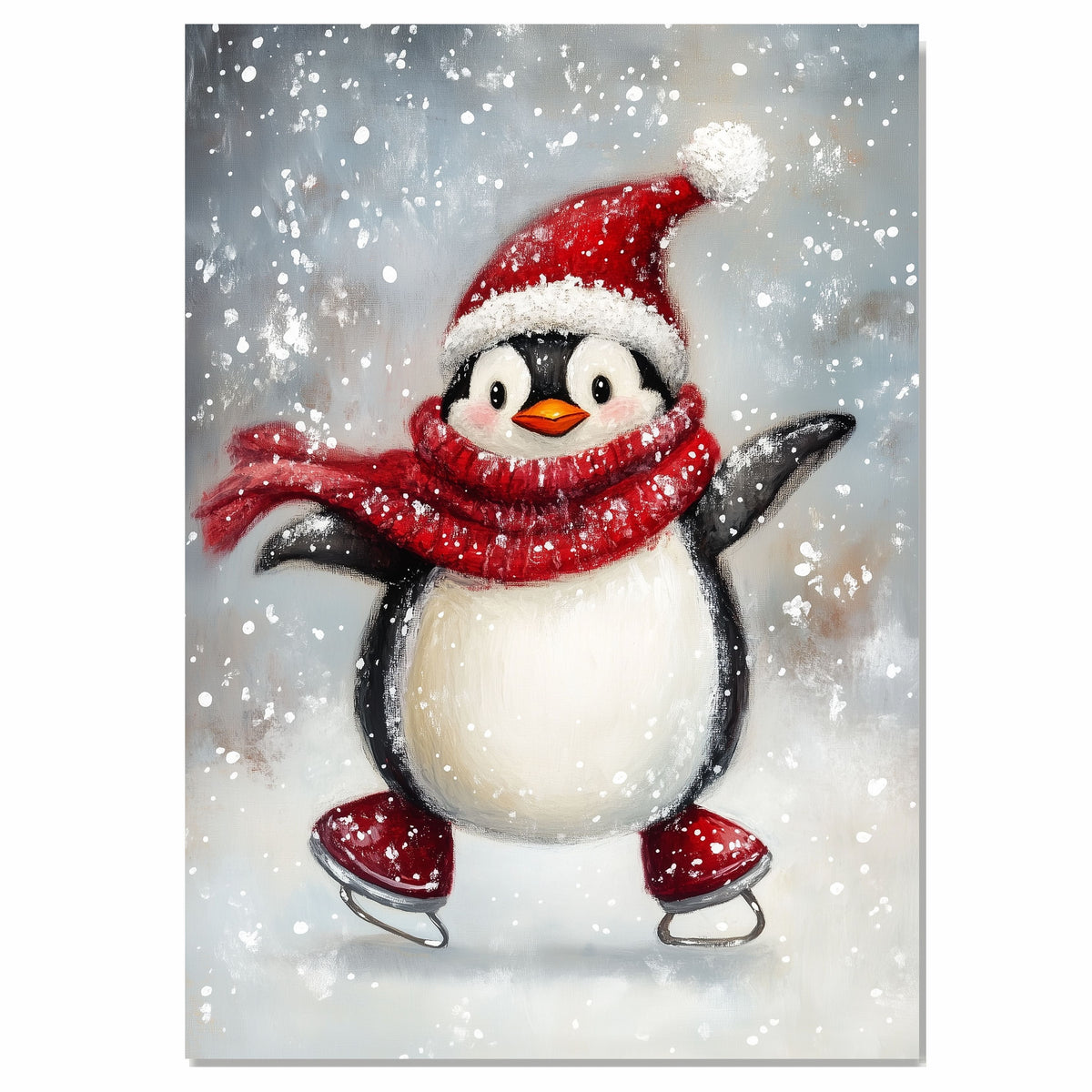 Whimsical Christmas Penguin Ice Skating with Red Scarf and Santa Hat – Cheerful Winter Animal Art for Holiday Nursery Decor, Gifts, or Seasonal Wall Display on Ready to Hang 1.5" Thick Canvas Wrap, Floating Framed Canvas, Flat Rolled Canvas