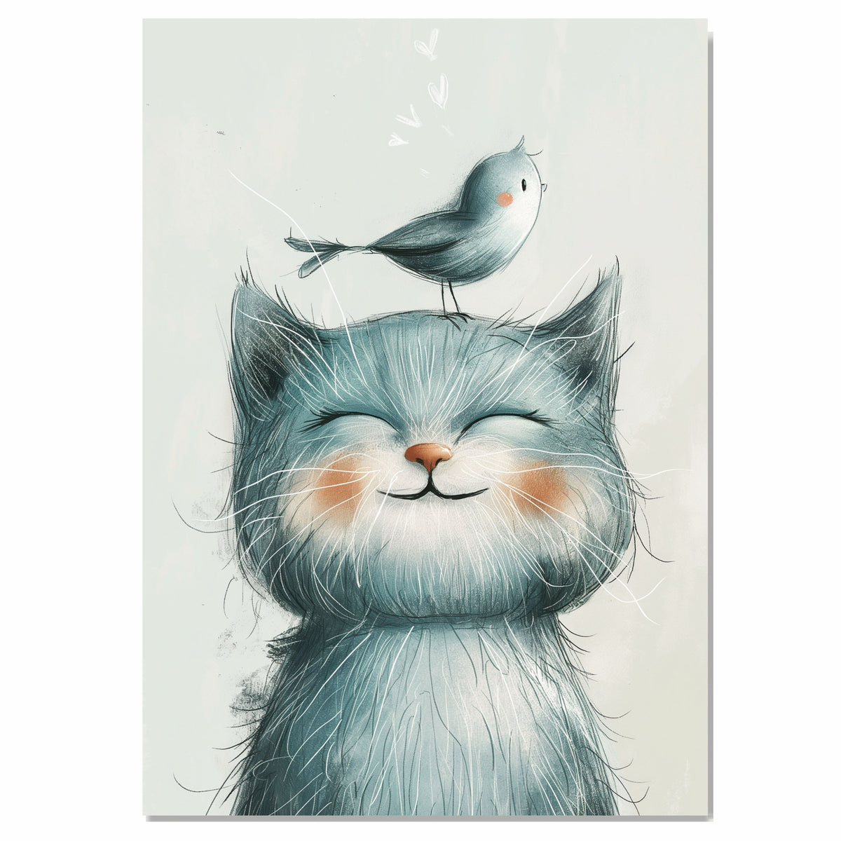 Charming Illustration of Smiling Blue Kitten with Tiny Bird on Head – Whimsical Animal Art Print Perfect for Nursery Decor or Gifts for Cat and Bird Lovers on Ready to Hang 1.5" Thick Canvas Wrap, Floating Framed Canvas, Flat Rolled Canvas