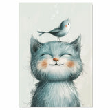 Charming Illustration of Smiling Blue Kitten with Tiny Bird on Head – Whimsical Animal Art Print Perfect for Nursery Decor or Gifts for Cat and Bird Lovers on Ready to Hang 1.5" Thick Canvas Wrap, Floating Framed Canvas, Flat Rolled Canvas