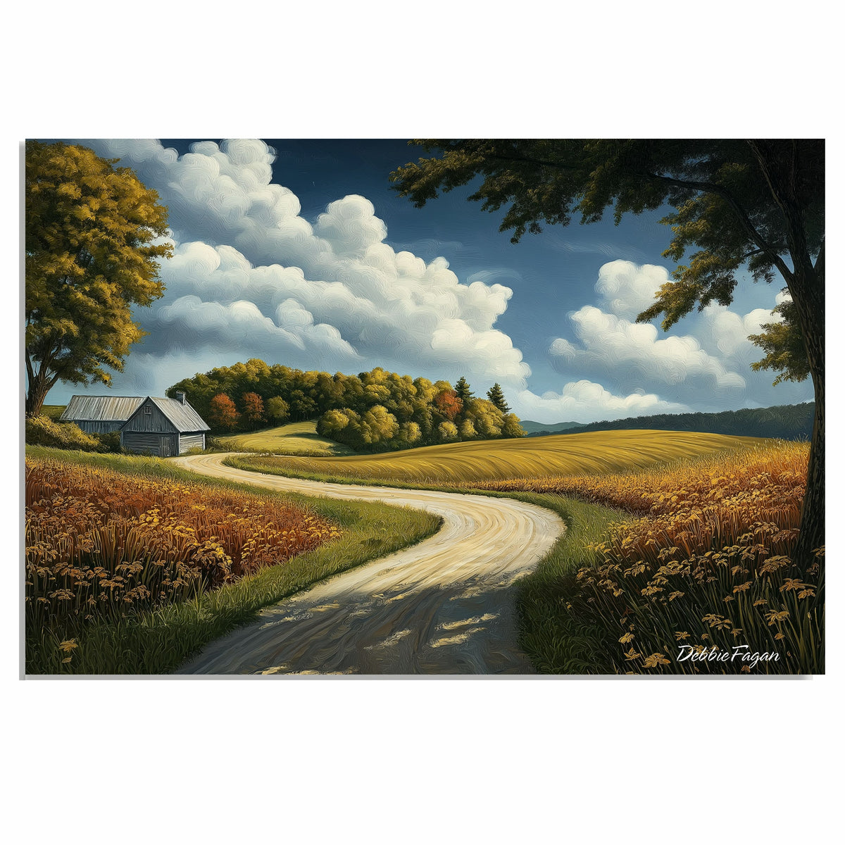 Winding Country Road Through Golden Fields and Barn – Peaceful Landscape Folk Art Painting on Ready to Hang 1.5" Thick Canvas Wrap, Floating Framed Canvas, Flat Rolled Canvas