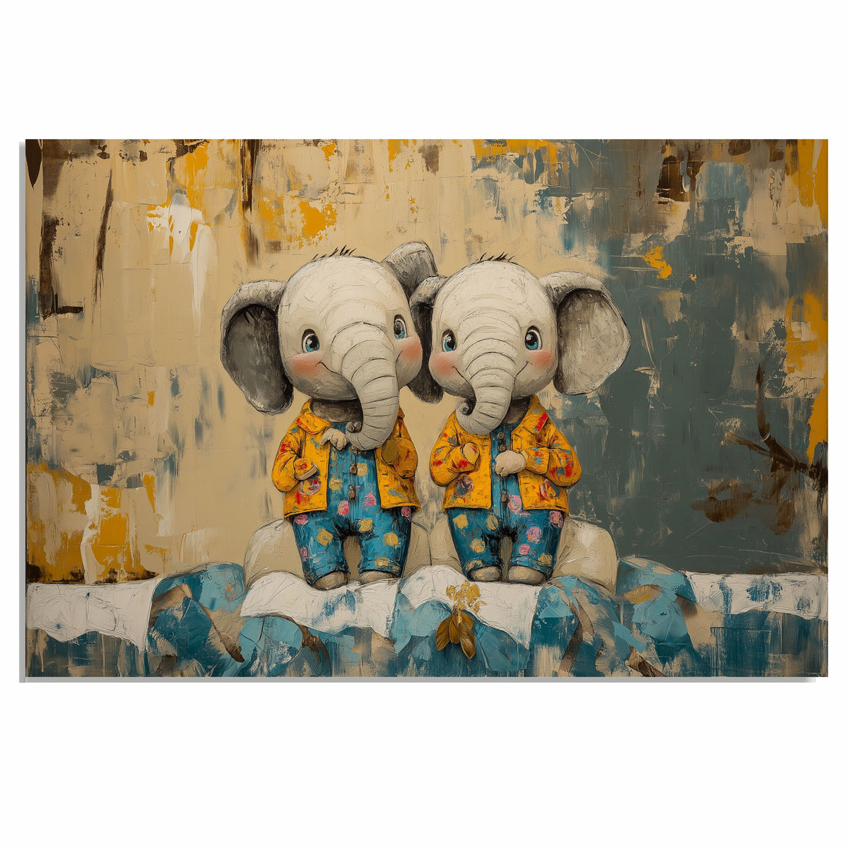 Whimsical Painting of Two Cute Baby Elephants in Colorful Outfits Sitting Together with Playful Expressions Against an Artistic Abstract Background on Ready to Hang 1.5" Thick Canvas Wrap, Floating Framed Canvas, Flat Rolled Canvas