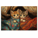 Painting of Two Adorable Kittens Wrapped in Colorful Blankets with Big Eyes and Soft Fur Cuddling Together in a Warm Cozy Setting with Rich Textured Brushwork on Ready to Hang 1.5" Thick Canvas Wrap, Floating Framed Canvas, Flat Rolled Canvas