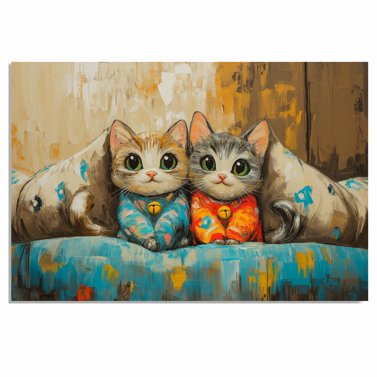 Painting of Two Adorable Kittens in Pajamas Sitting Side by Side on a Colorful Couch with Big Green Eyes and Cute Expressions in a Cozy Whimsical Scene on Ready to Hang 1.5" Thick Canvas Wrap, Floating Framed Canvas, Flat Rolled Canvas