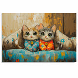 Painting of Two Adorable Kittens in Pajamas Sitting Side by Side on a Colorful Couch with Big Green Eyes and Cute Expressions in a Cozy Whimsical Scene on Ready to Hang 1.5" Thick Canvas Wrap, Floating Framed Canvas, Flat Rolled Canvas