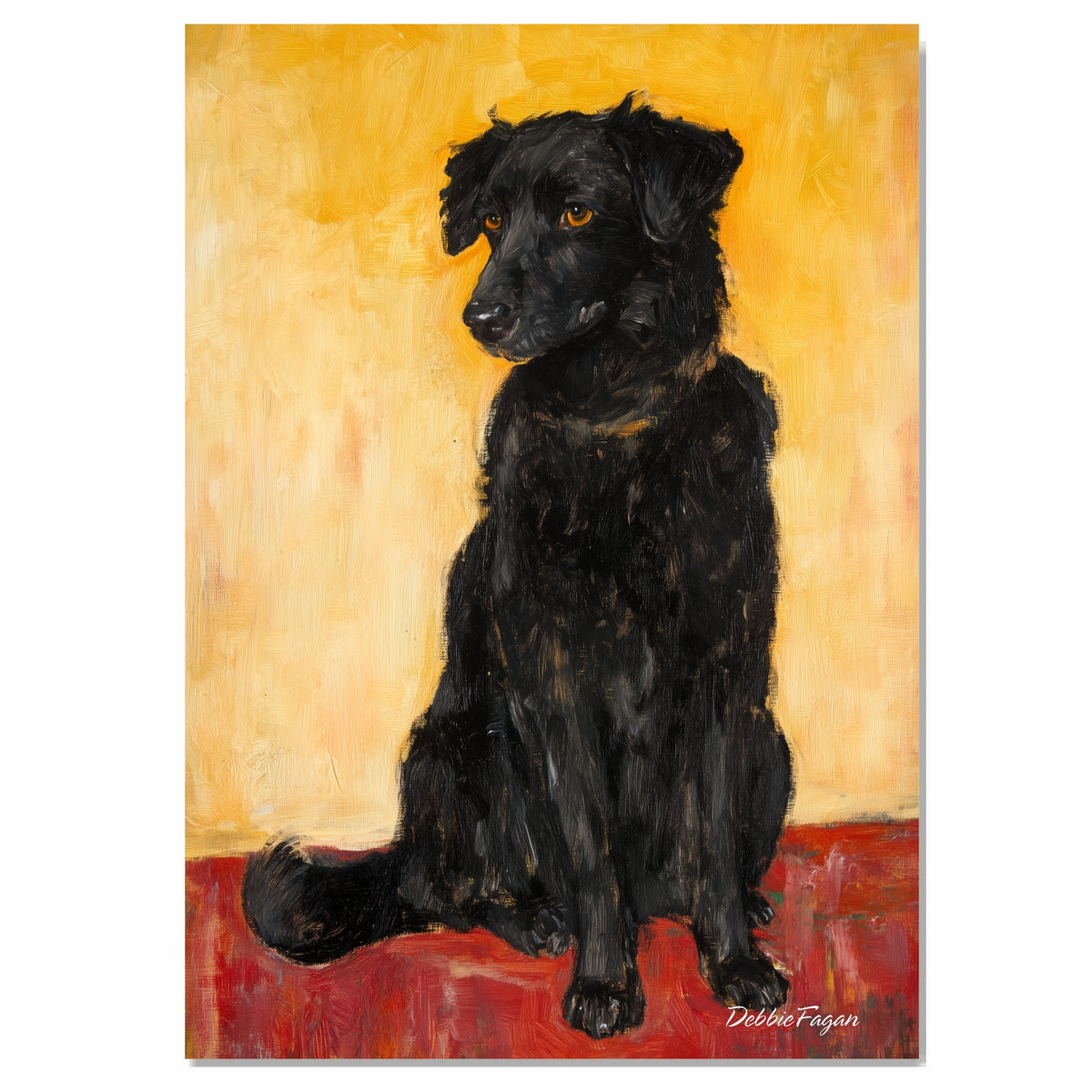 Playful Black Dog Portrait with Yellow Background – Bold Gustav Klimt-Inspired Oil Style Painting on Ready to Hang 1.5" Thick Canvas Wrap, Floating Framed Canvas, Flat Rolled Canvas