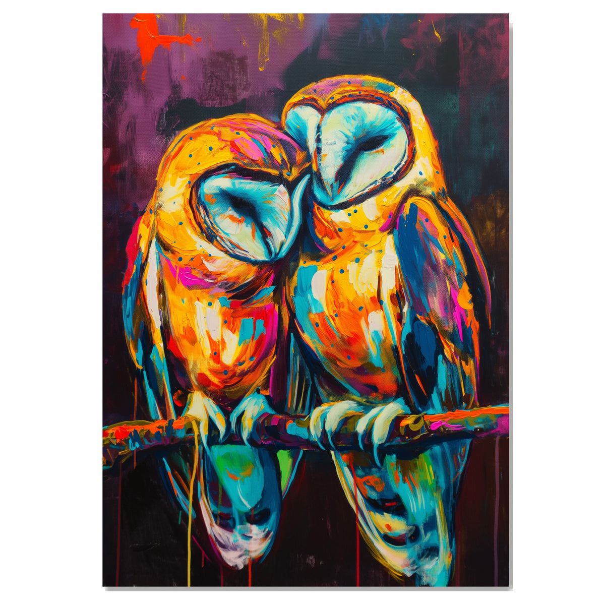 Expressive Barn Owl Pair Artwork Featuring Vibrant Brushstroke Colors in Orange Blue and Pink Perched on a Branch with Bold Abstract Purple Background on Ready to Hang 1.5" Thick Canvas Wrap, Floating Framed Canvas, Flat Rolled Canvas
