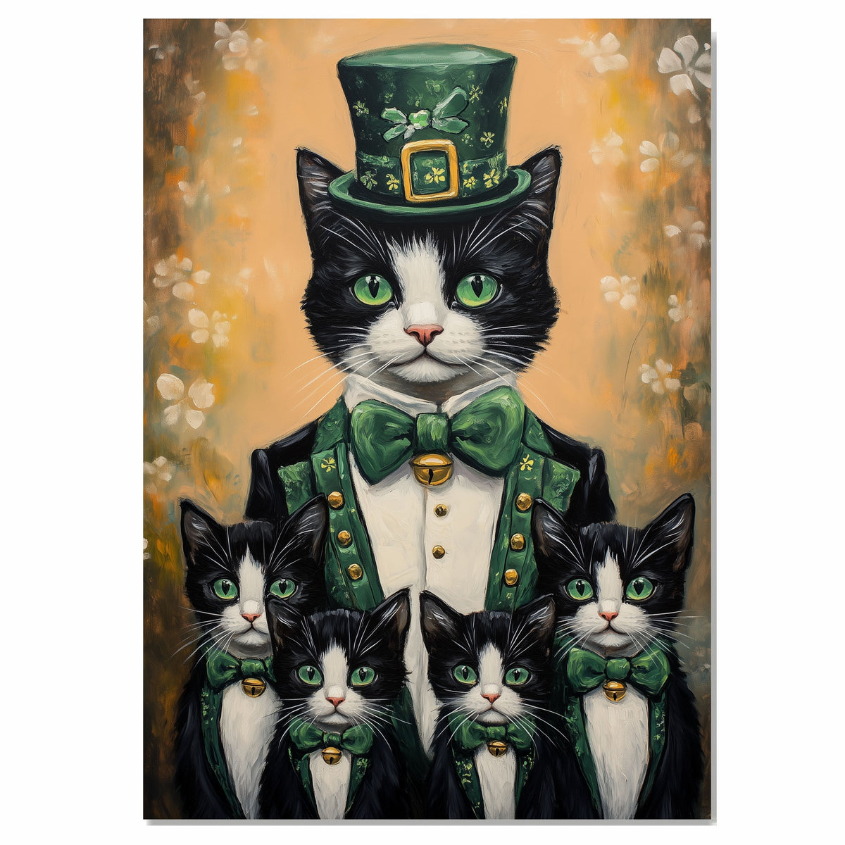 Irish Charm: Tuxedo Cat Mom and Four Kittens in St. Patrick's Day Attire on Ready to Hang 1.5" Thick Canvas Wrap, Floating Framed Canvas, Flat Rolled Canvas