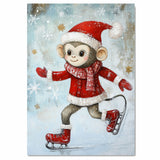 Whimsical Christmas Monkey Ice Skating in Red Jacket and Santa Hat – Playful Holiday Animal Illustration for Nursery Art, Seasonal Gifts, or Winter Decor on Ready to Hang 1.5" Thick Canvas Wrap, Floating Framed Canvas, Flat Rolled Canvas