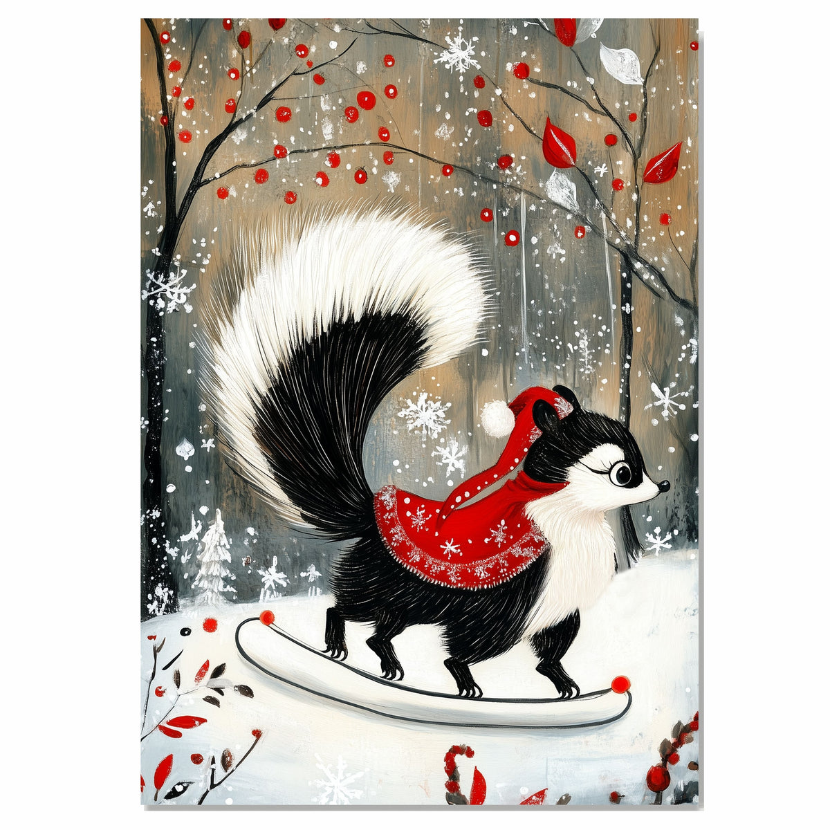 Whimsical Christmas Skunk in Red Cape – Ice Skating Woodland Animal Art Print, Adorable Winter Holiday Decor for Cozy Cabins, Nurseries & Christmas Lovers on Ready to Hang 1.5" Thick Canvas Wrap, Floating Framed Canvas, Flat Rolled Canvas